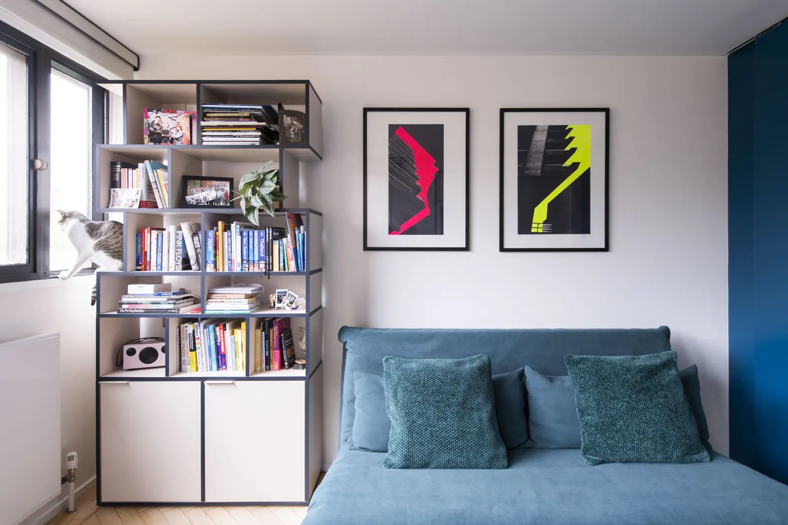 Open shelving beside the sofa bed keeps books and files within reach.